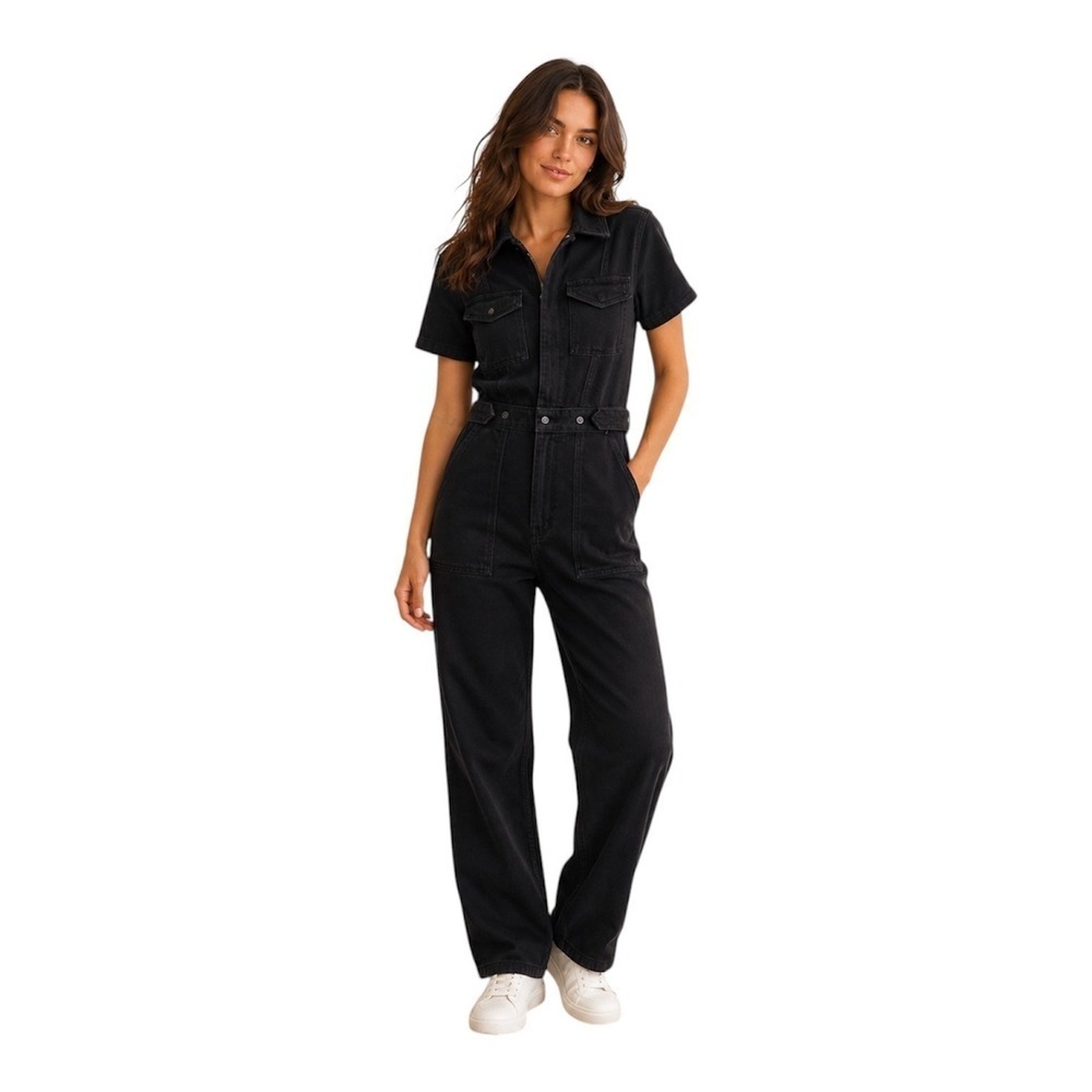 Good American Petite Fit For Success Jumpsuit Black Denim Jumpsuit FFSPE731B L